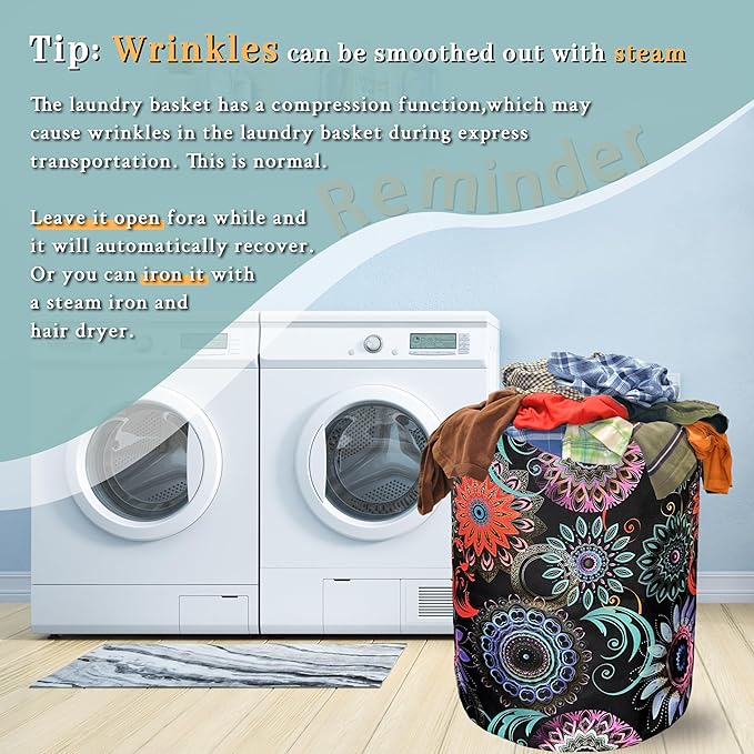 Mandalas Flowers Laundry Basket With Handles Oxford Cloth Tote Bag Colorful Laundry Hamper 18.9"x16.5" Foldable Clothes Storage Bucket Toy Organizer For Bathroom/Laundry/Bedroom