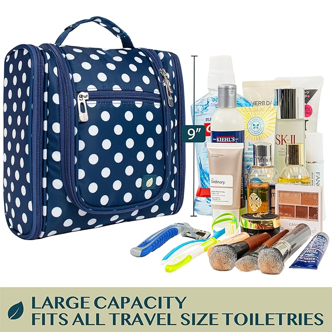 PAVILIA Toiletry Bag Travel Bag for Women Men, Hanging Cosmetic Organizer, Water Resistant Makeup Bag for Accessories Toiletries, Large Travel Essentials Kit (Navy Polka Dot)