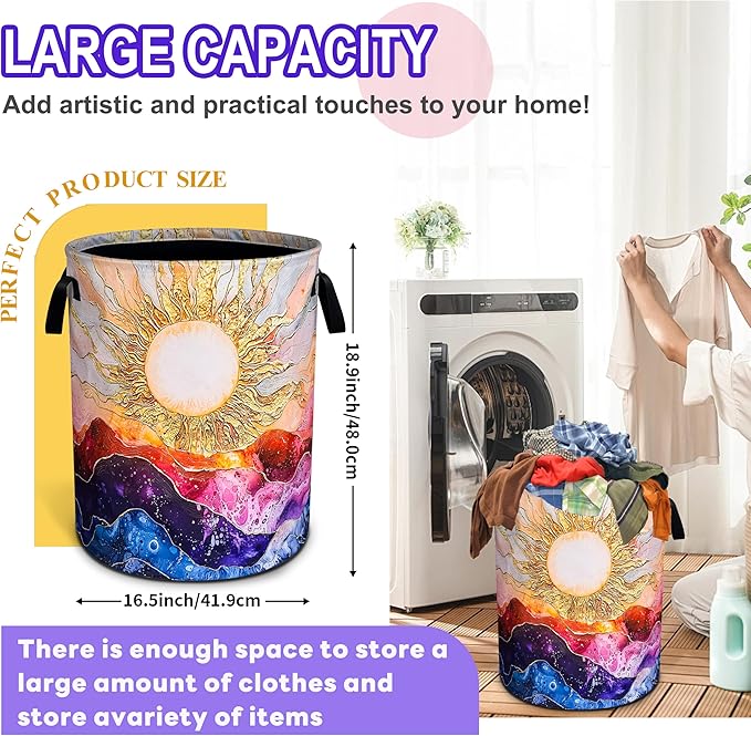 Sun Ocean Wave Laundry Basket Abstract Art Oxford Cloth Laundry Hamper Funny With Handle Foldable Portable Clothes Storage Basket 18.9 X 16.5 Storage Bag For Laundry Room/Bathroom/Bedroom/Dormitories