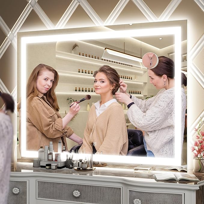 FENNIO Large Vanity Mirror with Lights，38" x 28" LED Makeup Mirror，Hollywood Mirror with 3 Color Modes & Adjustable Brightness，Vanity Mirror Square White