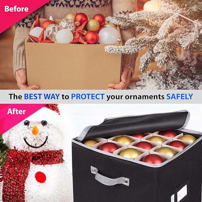 ProPik Christmas Ornament Storage Box, 4 Tier Holds Up to 64 Holiday Ornaments Decoration Balls, Storage Container with Dividers for 3” Bulbs, Made with Durable Oxford Polyester Material (Black)