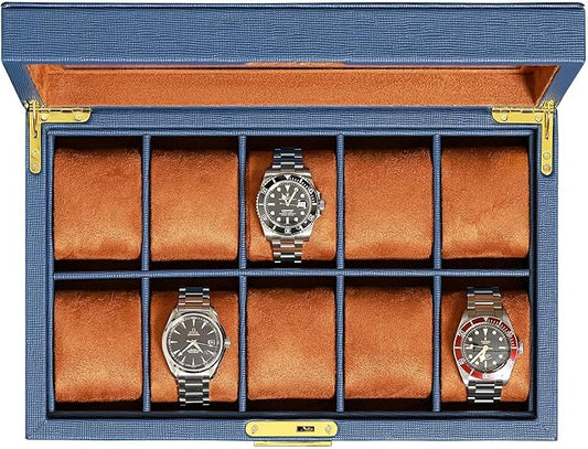 ROTHWELL 10 Slot Leather Watch Box - Luxury Case Display Jewelry Organizer - Locking Watch Display Case Holder with Large Glass Top - Box Organizer for Men and Women (Blue/Tan)