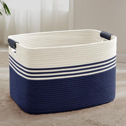 100L Extra Large Laundry Basket with Leather Handles for Living Room Storage, Woven Rope Baskets for Blanket, Kids Toy, Gifts, Wicker Hamper for Bedroom Dirty Clothes, 24"x16"x16" White Navy