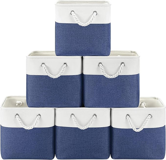 11 Inch Storage Cubes 6-Pack, Foldable Fabric Organizer Bins with Rope Handles, Cube Storage Baskets for Closet Shelves and Home Organization(White/Blue)