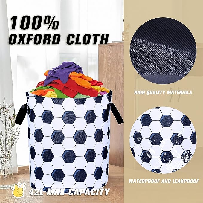 Football Laundry Basket Sports Foldable Oxford Cloth Tote Bag Laundry Hamper Clothes Storage Bucket Organizer For Bathroom/Laundry Storage/Bedroom Storage Basket 17.7x13.7Inch