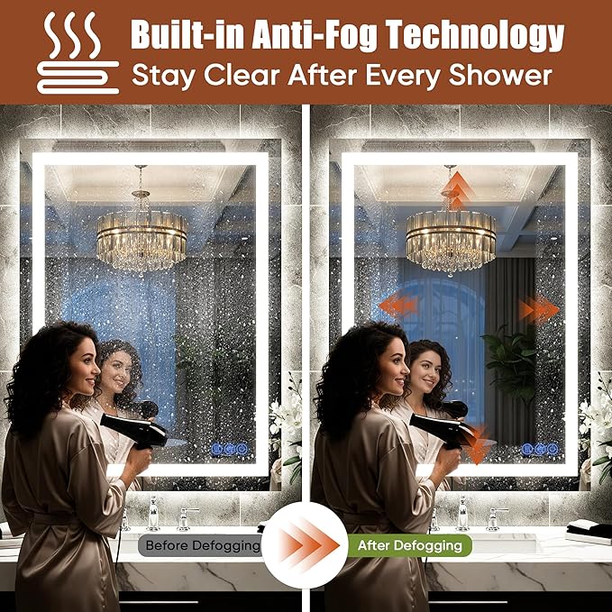 LED Bathroom Mirror with Lights 24"x36", Wall-Mounted Vanity Mirrors Front & Backlit Separate Light Control Stepless Dimmable Anti-Fog Memory 3 Color Temperatures Shatter-Proof Tempered Glass