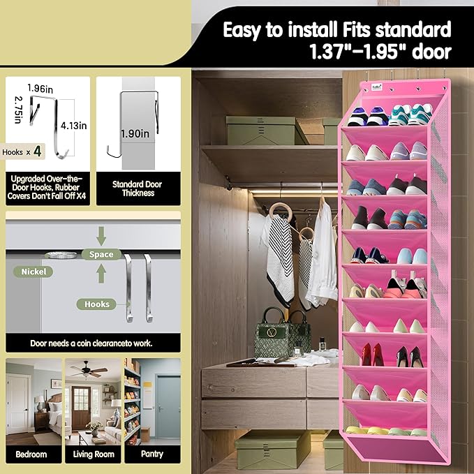 10 Tier Over The Door Organizer - Heavy Duty Hanging Storage Rack with Sturdy Oxford Fabric, Holds 20+ Pairs of Footwear, Boots & Sneakers, Saves 50% Closet Space! (Pink)