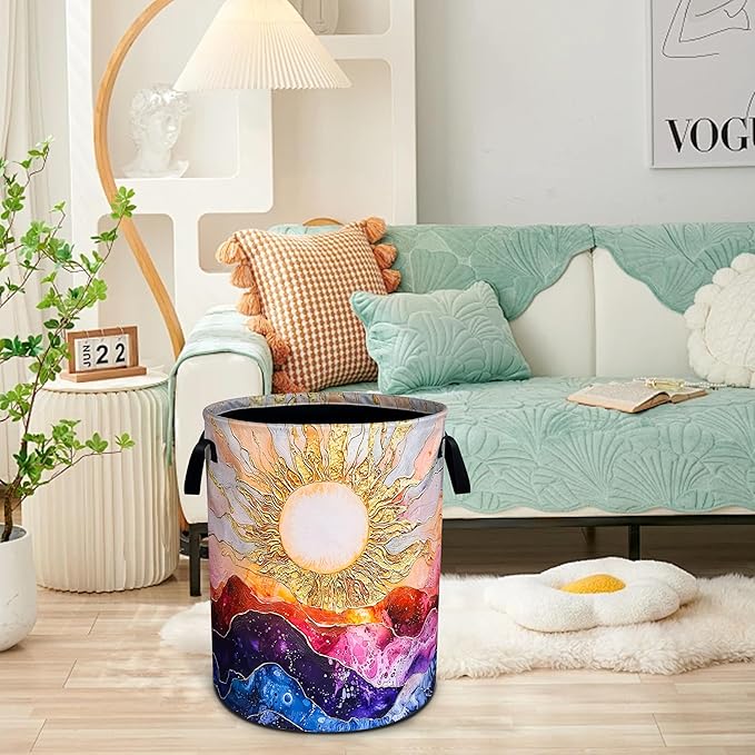 Sun Ocean Wave Laundry Basket Abstract Art Oxford Cloth Laundry Hamper Funny With Handle Foldable Portable Clothes Storage Basket 18.9 X 16.5 Storage Bag For Laundry Room/Bathroom/Bedroom/Dormitories
