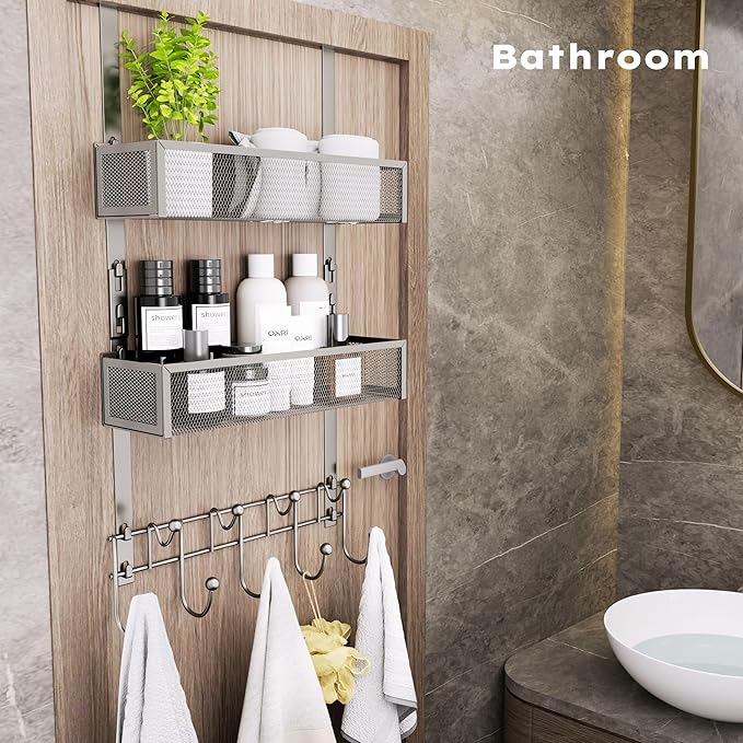 Consumest Over The Door Hooks Organizer - Extra Long Door Hanger with 9 Coat Hooks & 2 Mesh Basket, Back Storage Organizer Hanging Towels for Bathroom, Bedroom, Sand Nickel (for 1.76 in Doors)