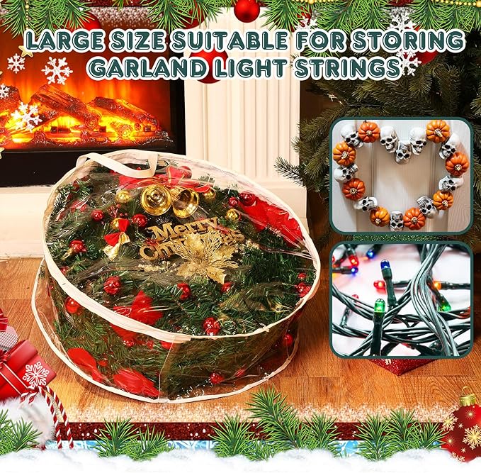 Zhengmy 3 Pcs 48 Inch Christmas Clear Wreath Storage Bags Xmas Wreath Storage Container Bags with Dual Zippers and Handles for Holiday Garland