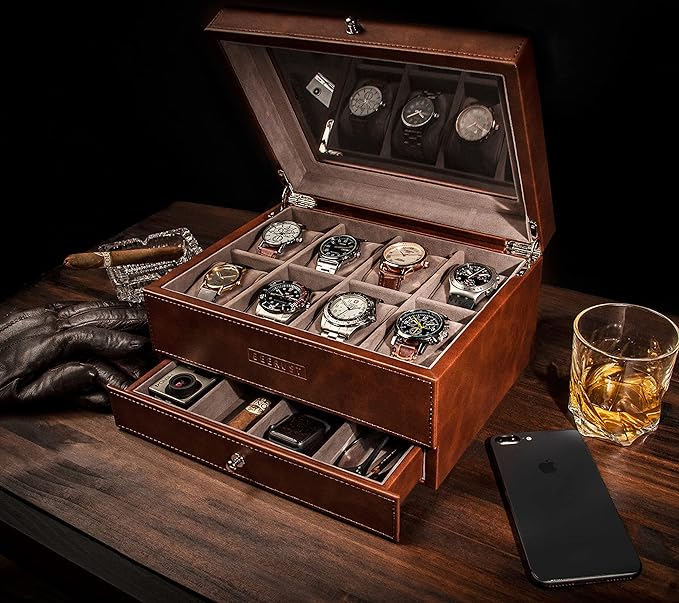 Watch box organizer for men - Leather watch case - Luxury watch box - For large mens wrist watches - Mens jewelry box organizer - Watch case - With mens valet drawer - Watch display case
