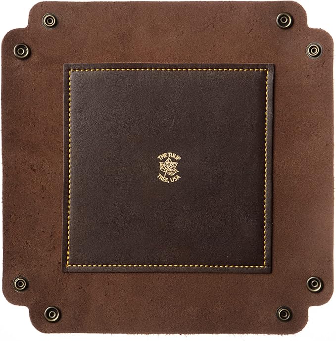USA Handmade Premium Leather Valet Tray, Folds Flat! Dice Rolling Basket and Organizer with Brass Snaps (Brown Gold, Large)