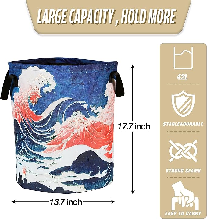 Ocean Wave Laundry Basket Japanese Style Foldable Oxford Cloth Tote Bag Laundry Hamper Clothes Storage Bucket Organizer For Bathroom/Laundry Storage/Bedroom Storage Basket 17.7x13.7Inch