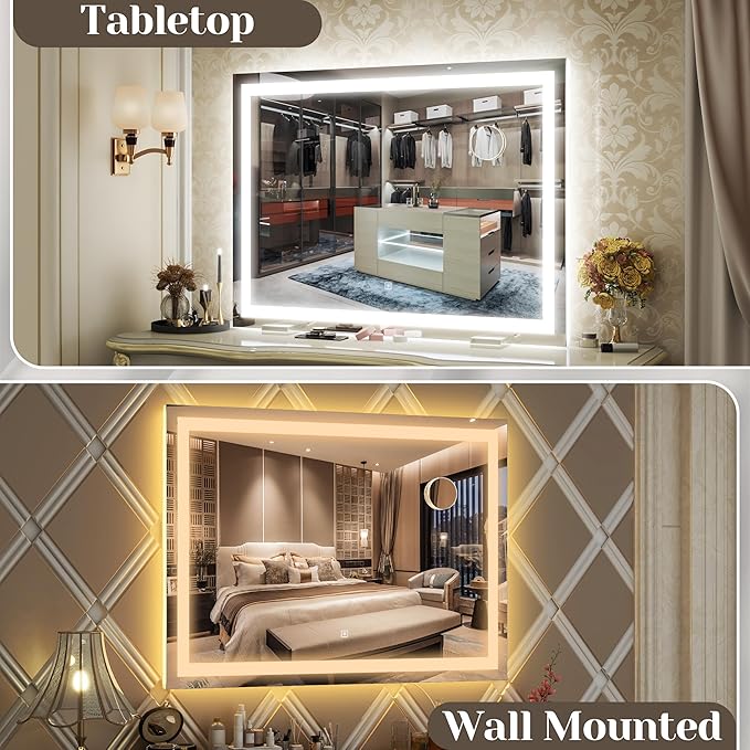 FENNIO Large Vanity Mirror with Lights，40" x 28"Makeup Mirror with Lights，Hollywood Mirror with 3 Color Modes & Adjustable Brightness，Vanity Mirror Square White