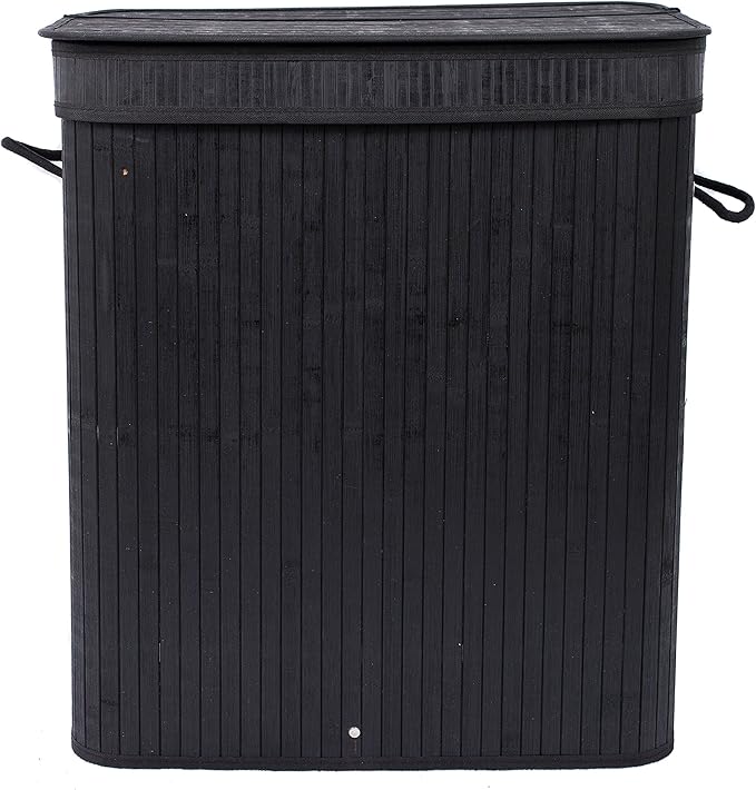 BIRDROCK HOME Double Laundry Hamper with Lid and Cloth Liner - Bamboo - Black - Easily Transport Laundry Basket - 2 Section Collapsible Hamper - String Handles