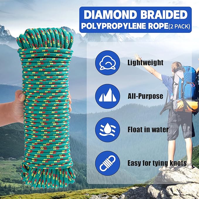 100 ft 3/8 Inch Diamond Braided Polypropylene Rope, Poly Clothesline, Boat Rope, All-Purpose Utility Cord Tie Down Ropes for Craft Marine Boat Camping Indoor Outdoor, Green, 2 Pack