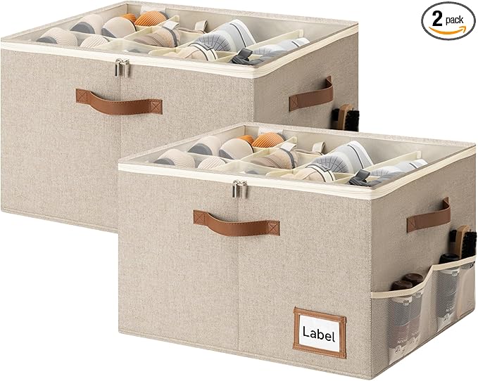 StorageWorks Shoe Oragnizer for Closet, 2 Pack Shoe Storage Cubes Holds Up to 16 Pairs, Space Saving Storage Boxes with Lid and Hanldes, Taupe