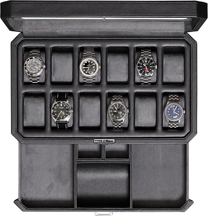 ROTHWELL 12 Slot Leather Watch Box with Valet Drawer - Luxury Watch and Jewelry Case Display Organizer, Microsuede liner, Mens Locking Storage Holder Large Glass Top (Black/Grey)