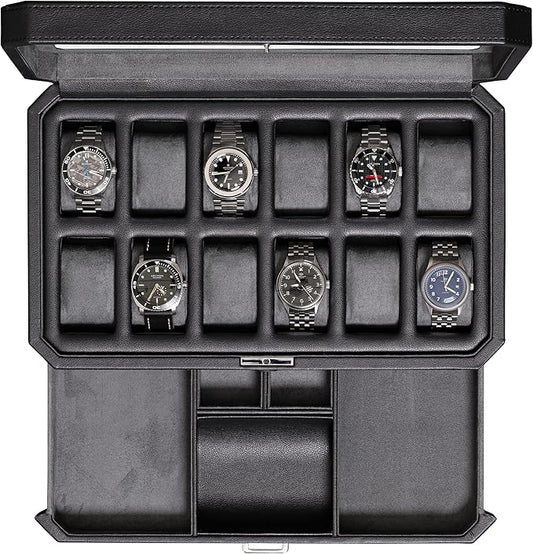 ROTHWELL 12 Slot Leather Watch Box with Valet Drawer - Luxury Watch and Jewelry Case Display Organizer, Microsuede liner, Mens Locking Storage Holder Large Glass Top (Black/Grey)