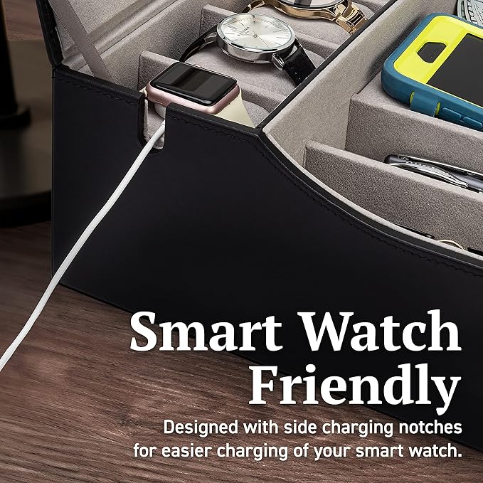 Mens Valet Box Organizer, Large Leather Valet Tray for Men, Mens Valet Tray Organizer with Charging Station, Mens Jewelry Box Organizer for EDC Valet Mens Accessories, Nightstand Bedside Dresser Top