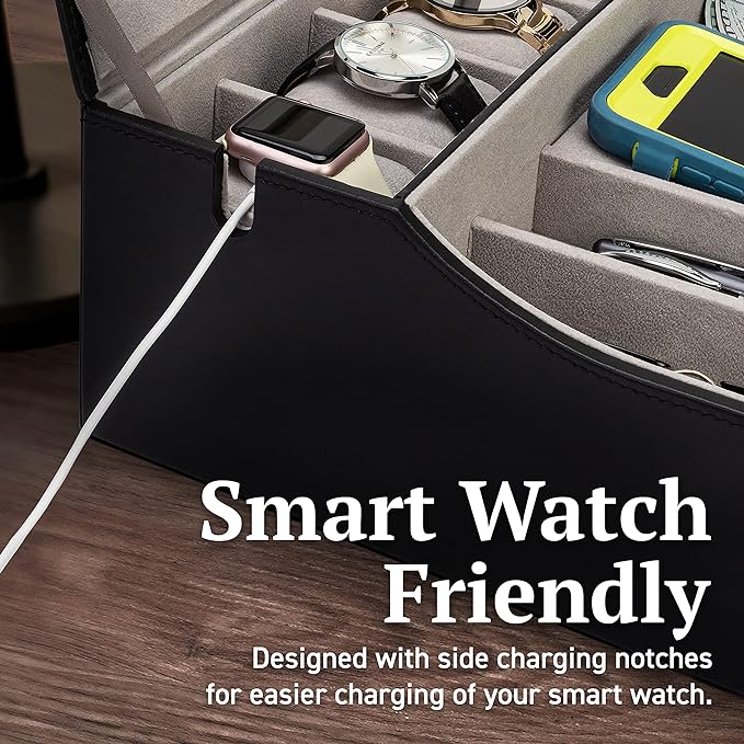 Mens Valet Box Organizer, Large Leather Valet Tray for Men, Mens Valet Tray Organizer with Charging Station, Mens Jewelry Box Organizer for EDC Valet Mens Accessories, Nightstand Bedside Dresser Top