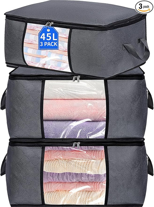 3 Pack Storage Bags, 45L Foldable Clothes Storage Bins with Lids, Closet Organizers Blanket Storage Bags with Zippers Clear Window Sturdy Handles for Clothing Bedding Comforter Sweater Pillows (Gray)