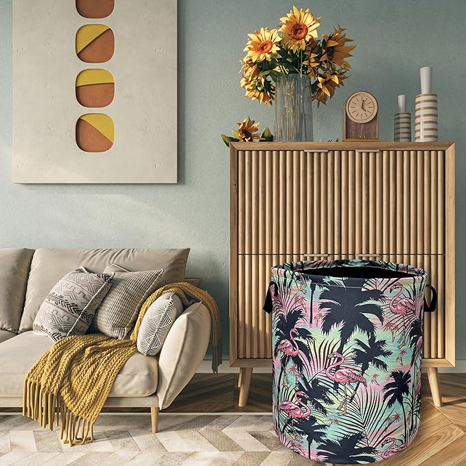 Pink Flamingo Laundry Basket With Handles Oxford Cloth Tote Bag Tropical Palm Trees Laundry Hamper 18.9" x 16.5" Foldable Clothes Storage Bucket Toy Organizer For Bathroom/Laundry/Bedroom