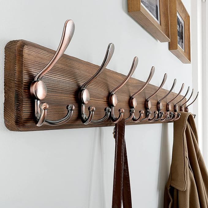 SKOLOO Coat Rack Wall Mounted - 38.3'' Long, Pack of 2, Wooden, Heavy Duty, Rustic Coat Hooks for Wall, Wall Coat Rack with 10 Triple Hooks for Hanging Clothes, Jacket, Hat(Brown & Retro Red)