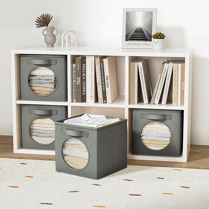 Vailando Foldable Fabric Storage Cube with Round Window - 4 Pack 11"x11"x11" Collapsible Closet Organizer Bins for Clothes, Shelves, Offices, Toys & Misc, Light Gray (Dark Gray, 4pcs-Cube 11")
