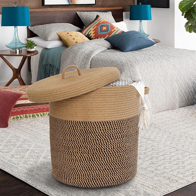 Extra Large Storage Basket with Lid 60L, 16"Wx18"H Woven Laundry Hamper Basket with Handle, Jute Rope Wicker Basket Blankets Pillows Storage in Living Room Baby Nursery, Jute/Black Mix includes Lid