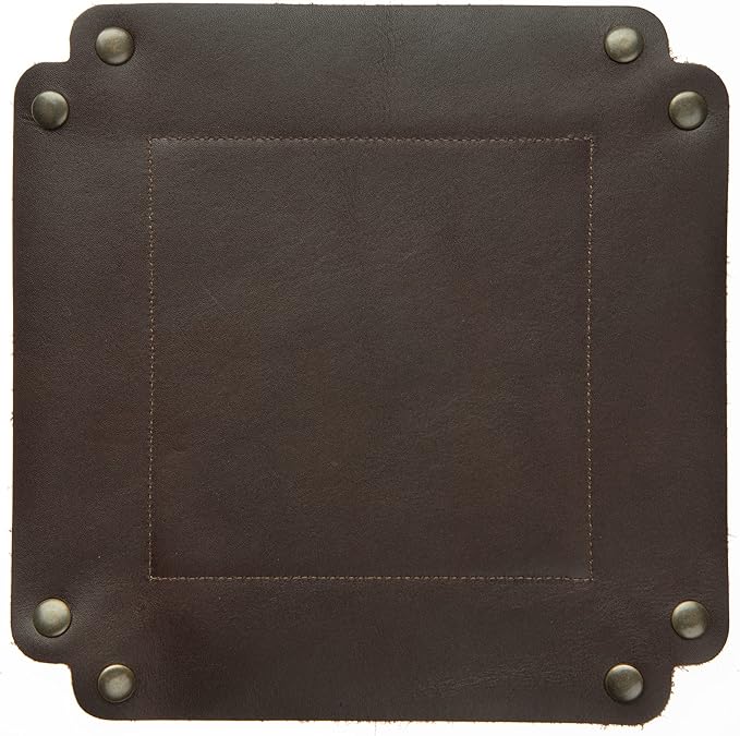 USA Handmade Premium Leather Valet Tray, Folds Flat! Dice Rolling Basket and Organizer with Brass Snaps (Dark Walnut Brown, Large)