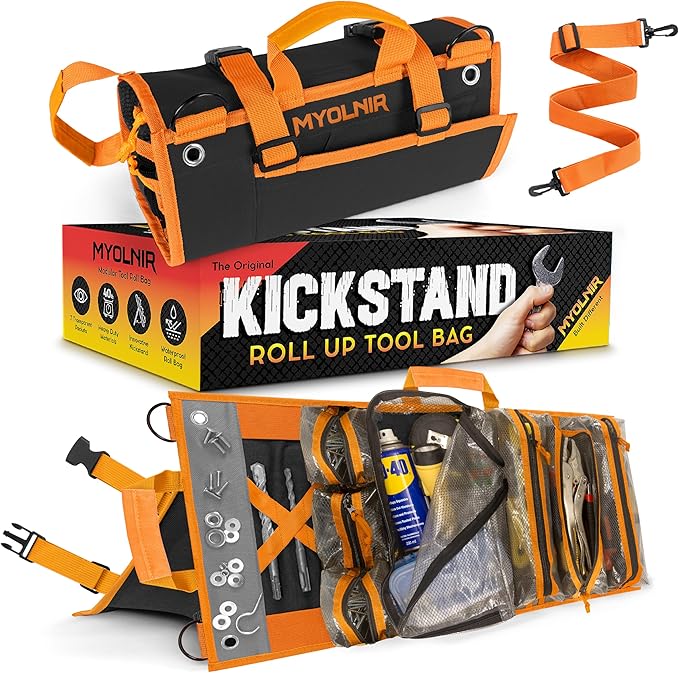Roll Up Tool Bag Organizer With Kickstand - Compact Heavy Duty Motorcycle Tool Roll Bag Organizer - Portable Rollup Toolbag With Magnetic Panels & Transparent Pockets - Mechanic & Electrician