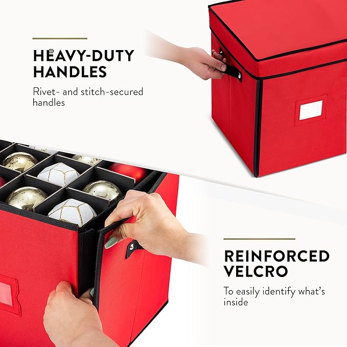 ZOBER Christmas Ornament Storage Box - Stores 64 3" Ornaments with Drawer Style Trays - Tear Proof 600D Oxford Fabric - Ornament Organizer Storage Box, Durable Christmas Containers Holder - Red