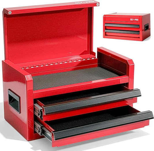Mini Toolbox with 2 Drawers and Top Storage, Durable Steel Construction with Ball-Bearing Slides, Multi-Purpose Portable Tool Boxes Case Organizer for Garage, Red