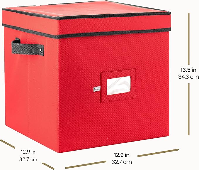 Zober Christmas Ornament Storage Box - Stores 64 Ornaments - Non-Woven, Tear- Proof Christmas Ornament Storage Containers - 3 Inch Cube Compartments - Red