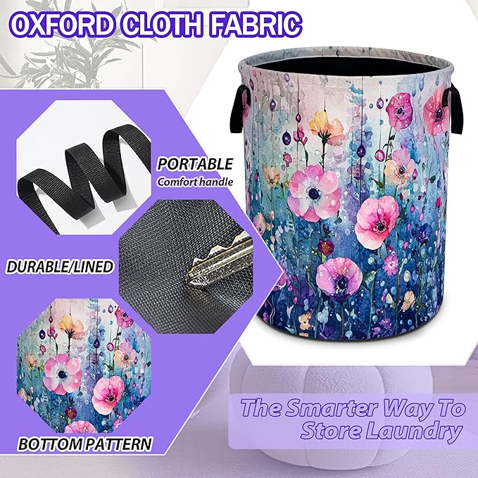 Colorful Flowers Laundry Basket Floral Art Oxford Cloth Laundry Hamper Funny With Handle Foldable Portable Clothes Storage Basket 18.9 X 16.5 Storage Bag For Laundry Room/Bathroom/Bedroom/Dormitories