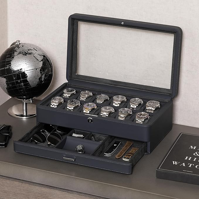 ROTHWELL Luxury Watch Box for 12 Watches – PU Leather Watch Box with Real Glass Lid – Slide out Accessory Drawer with Multiple Compartments (Carbon)