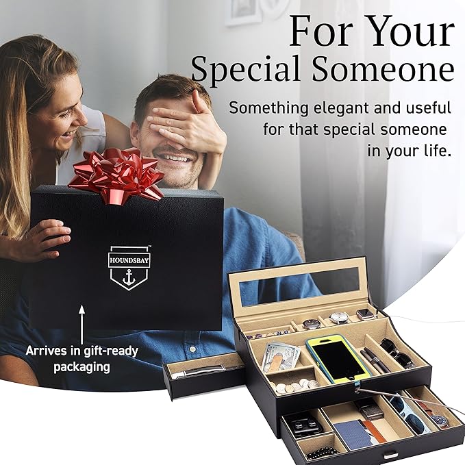 Mens Valet Box Organizer, Large Leather Valet Tray for Men, Mens Valet Tray Organizer with Charging Station, Mens Jewelry Box Organizer for EDC Valet Mens Accessories, Nightstand Bedside Dresser Top