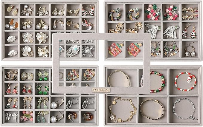 Frebeauty Stackable Jewelry Trays with Lid,Velvet Earring Organizer Tray,5-in-1 Jewelry Organizer for Drawer Vanity Dresser,Jewelry Storage for Studs Bracelets,10.5 x 6.5 x 5.55 Inches,Gift for Women