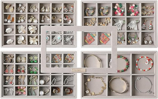 Frebeauty Stackable Jewelry Trays with Lid,Velvet Earring Organizer Tray,5-in-1 Jewelry Organizer for Drawer Vanity Dresser,Jewelry Storage for Studs Bracelets,10.5 x 6.5 x 5.55 Inches,Gift for Women