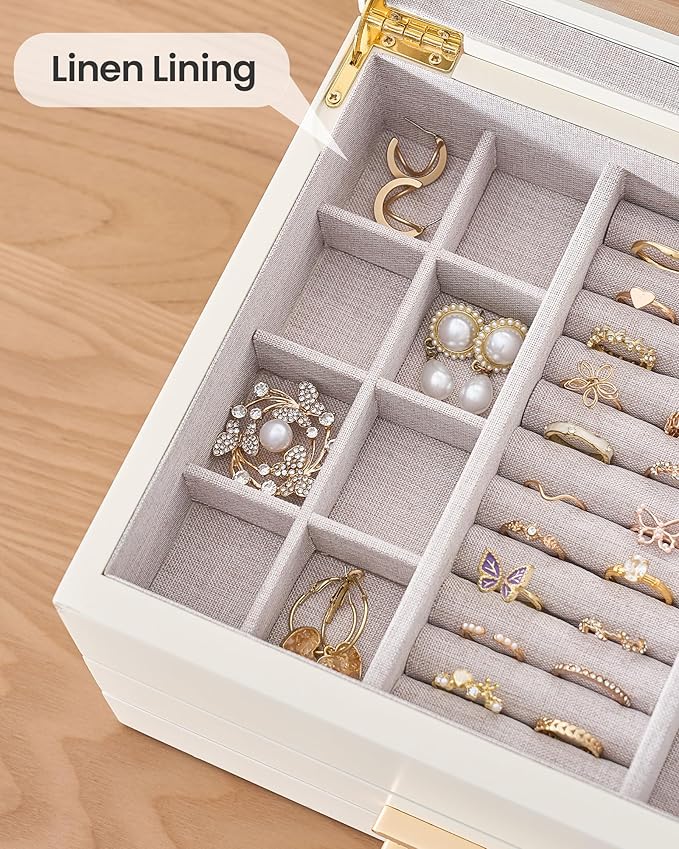 Lolalet Jewelry Box, Clear Window Wood Grain Jewelry Storage for Earrings Bracelets Necklaces Rings, High Capacity Organizer for Women -Beige, 3 Layers