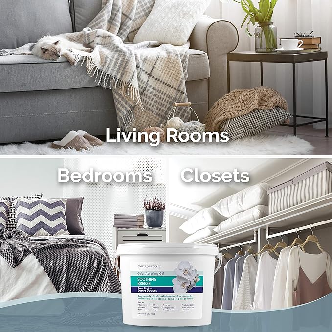 SMELLS BEGONE 1-Gallon Gel Odor Eliminator – High-Capacity, Long-Lasting Absorber for Large Basements, Garages, Workshops & Commercial Areas – Removes Tough Odors with Essential Oils (Soothing Breeze)