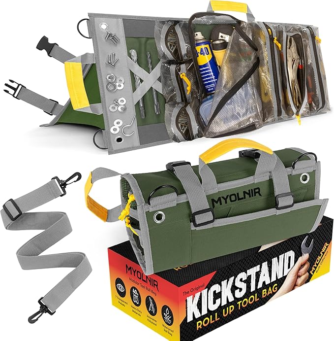 Roll Up Tool Bag Organizer With Kickstand - Compact Heavy Duty Motorcycle Tool Roll Bag Organizer - Portable Rollup Toolbag With Magnetic Panels & Transparent Pockets - Mechanic & Electrician