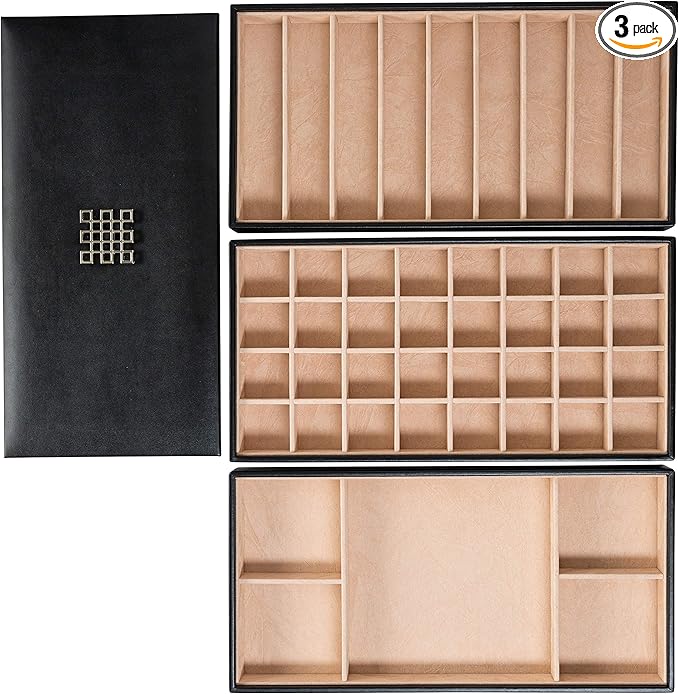Glenor Co Jewelry Tray Organizer - 3 Large Stackable Trays & Lid - 46 Slot Storage for Drawer, Dresser - Black
