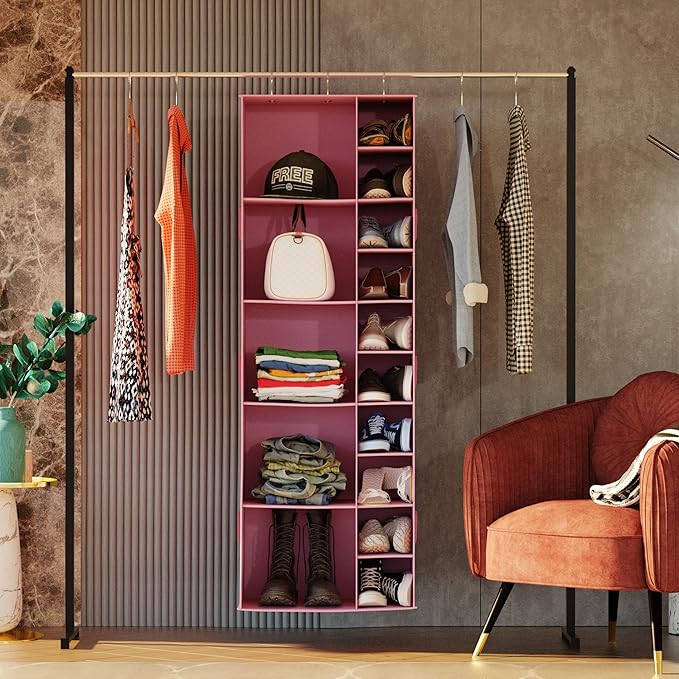 coastal rose Closet Organizers and Storage Shelves, 15 Sections Hanging Shoe Closet Storage Organizer, Space-Saving Shoe Rack Holder Hanger, Pink