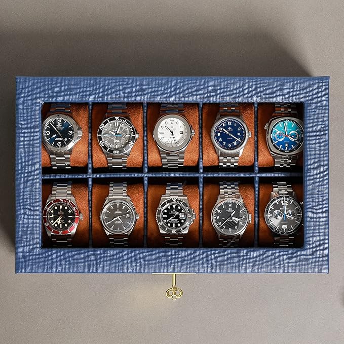 ROTHWELL 10 Slot Leather Watch Box - Luxury Case Display Jewelry Organizer - Locking Watch Display Case Holder with Large Glass Top - Box Organizer for Men and Women (Blue/Tan)