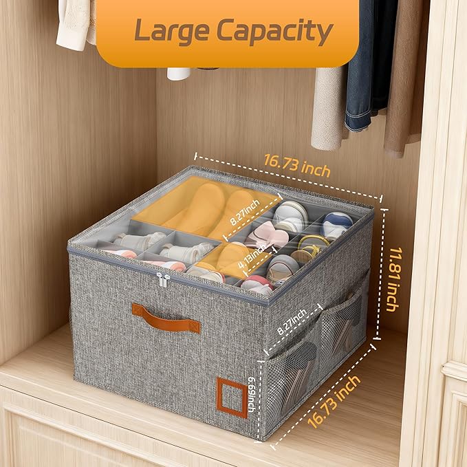Shoe Organizer for Closet, 2 Pack Foldable Shoe Storage Organizer Box with Adjustable Dividers and Clear Cover, Space Saving Shoe Box with Reinforced Handles, Fits 16-32 Pairs, Gray