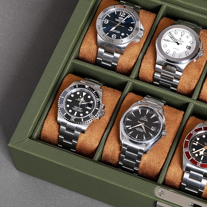 ROTHWELL 10 Slot Leather Watch Box - Luxury Case Display Jewelry Organizer - Locking Watch Display Case Holder with Large Glass Top - Box Organizer for Men and Women (Green/Tan)