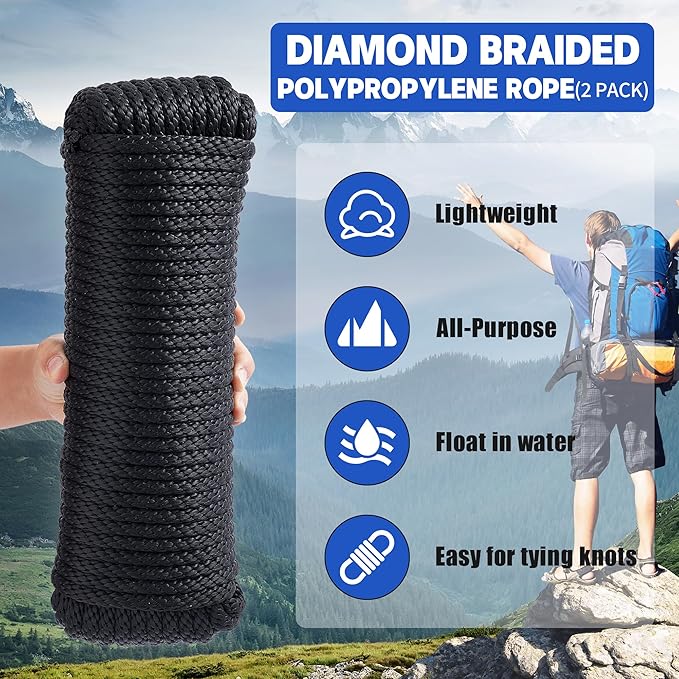 3/8 Inch 100 ft Solid Braided Polypropylene Rope, Outdoor Ropes, All Purpose Boat Marine Thick Tie for Camping and Flag Pole, Indoor and Outdoor Use, Black, 2 Pack