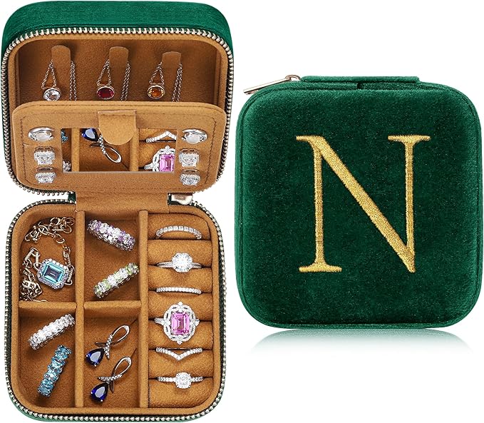 Parima Grandma Mothers Day - Grandmother Gifts, Mothers Day Gift Ideas, Nana Gift, Personalized Birthday Gifts for Grandma, Plush Velvet Personalized Jewelry Box Jewelry Case - Letter N, Green